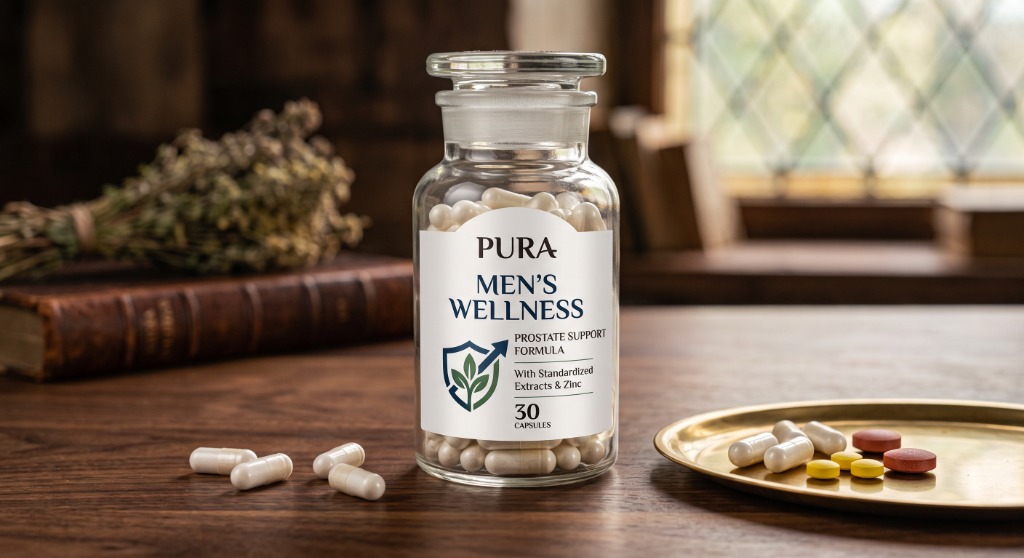 PURA Men's Wellness Prostate Support Formula üveg és kapszulák