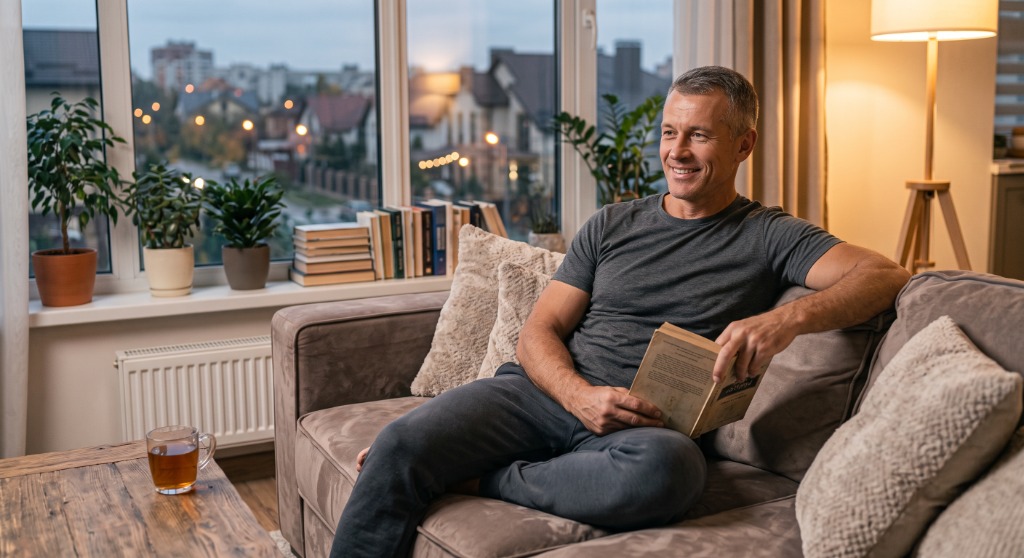 Péter otthon pihen, kávézik és olvas